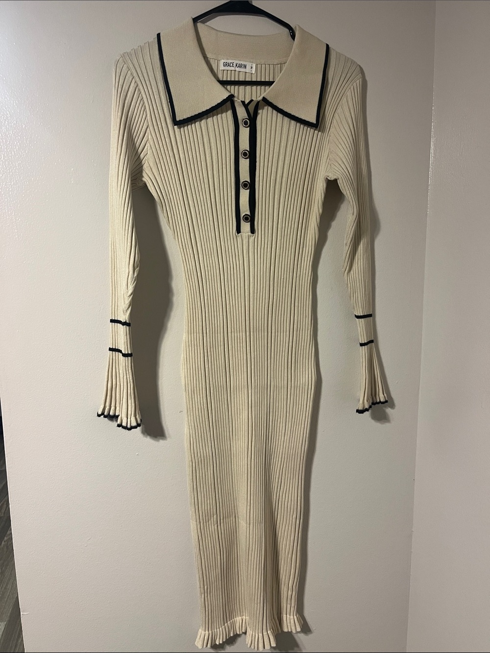 Grace Karin Cream Ribbed Long Sleeve Polo Midi Dress with Black Trim